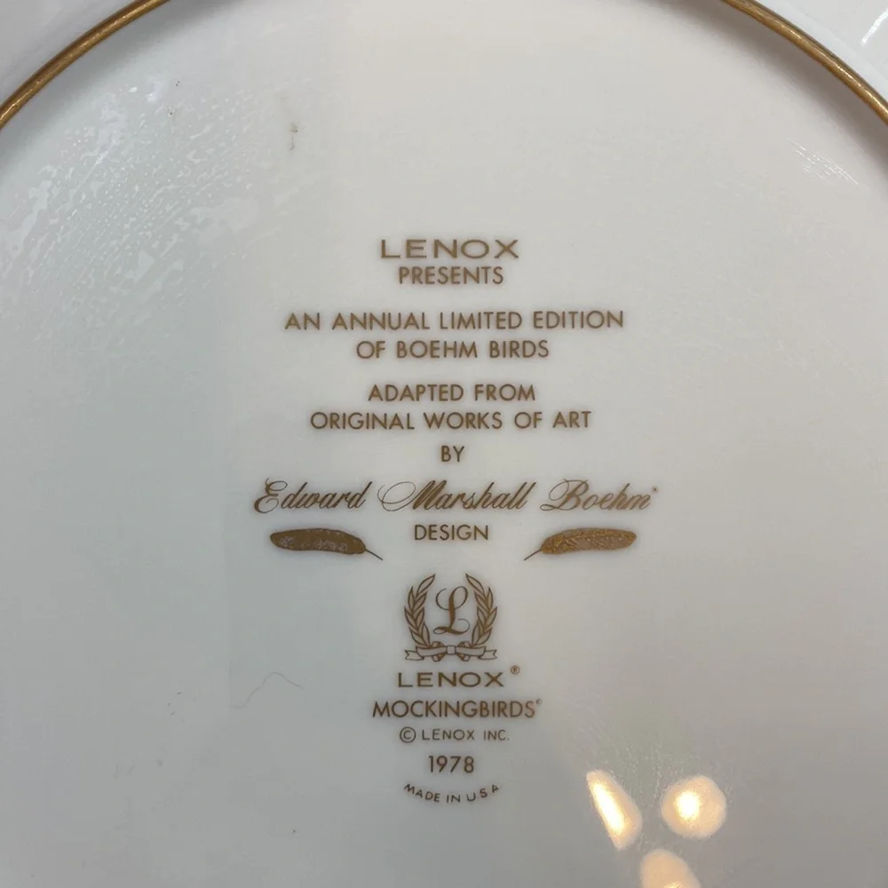 Lenox Limited Edition Bohem Birds Mockingbirds 1978 Dinner Plate